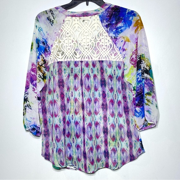 Olive Hill Women’s Boho Blouse Size M Abstract V Neck Sheer Lace Long Sleeve - Picture 6 of 14